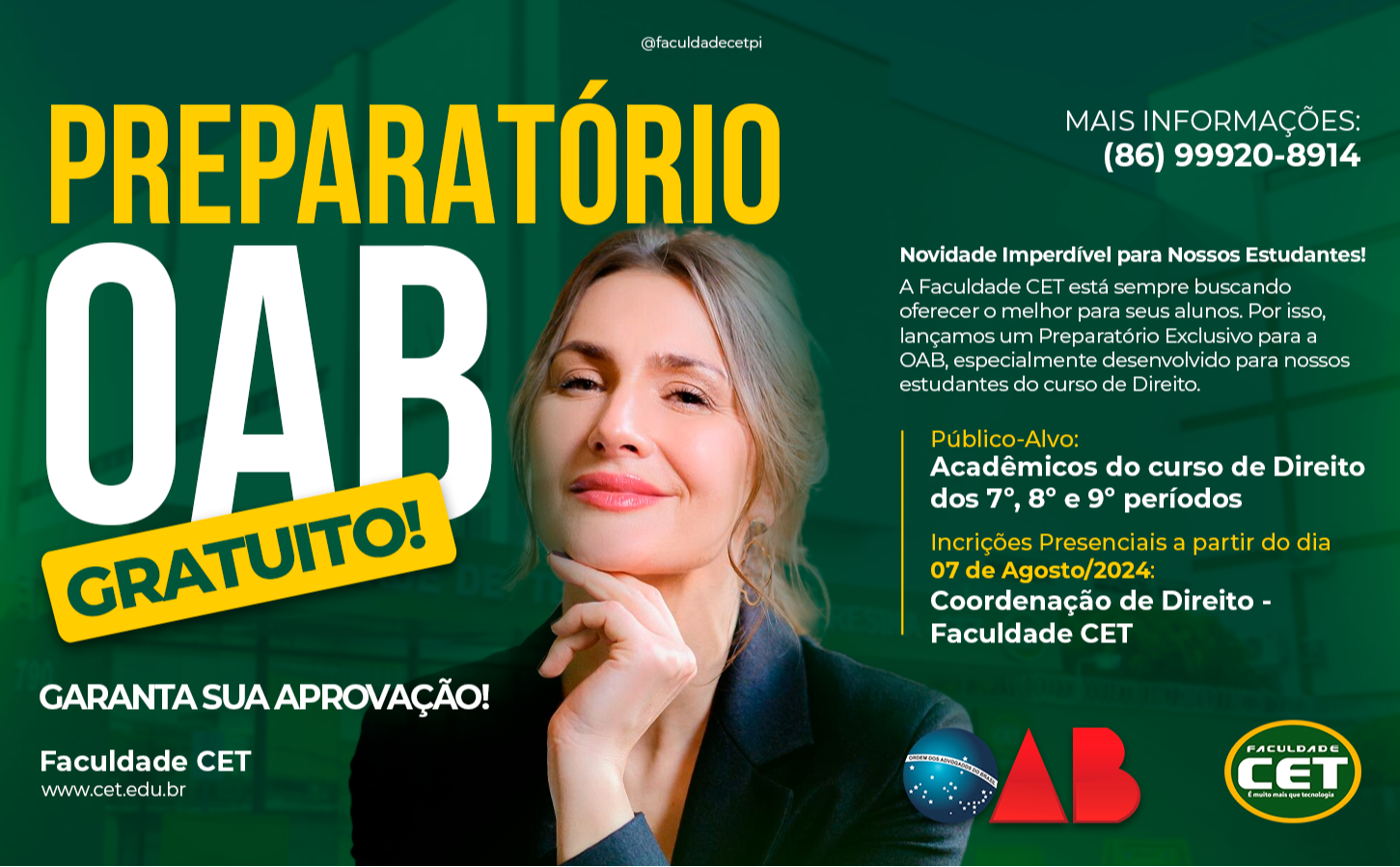 Faculdade CET promove mais uma vez excelência no ensino, oferecendo preparatório exclusivo para a OAB, um diferencial significativo e altamente relevante para os nossos acadêmicos de direito.